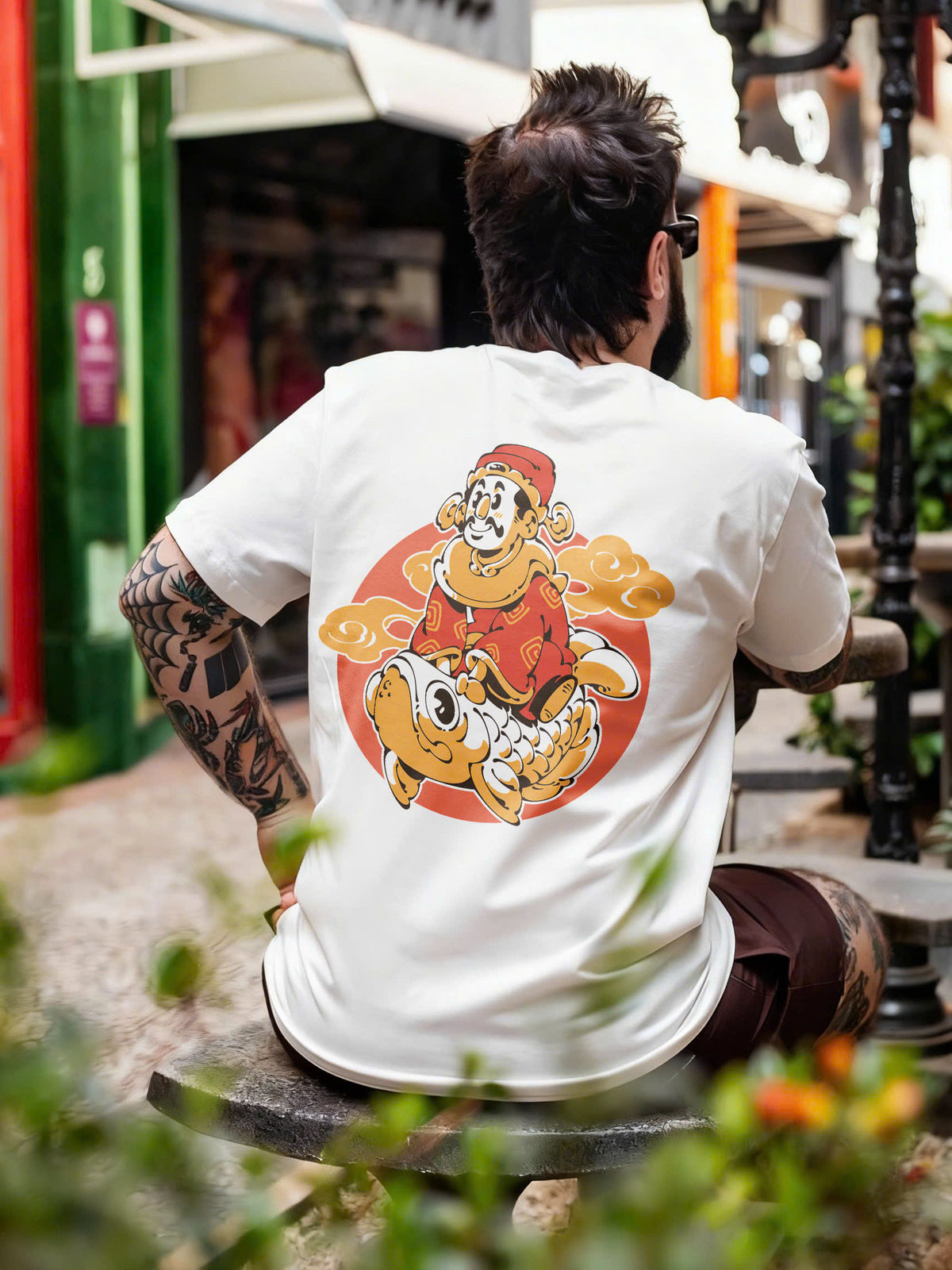 Cai Shen God of Wealth Riding Lucky Koi T-Shirt - Retro Cartoon Prosperity Shirt, Chinese New Year Lucky Charm Tee